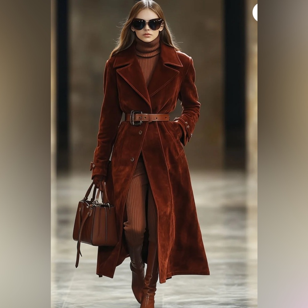 Women Casual Loose Vintage Angora Red Suede Pocket Lapel Extra Long Coat size xl